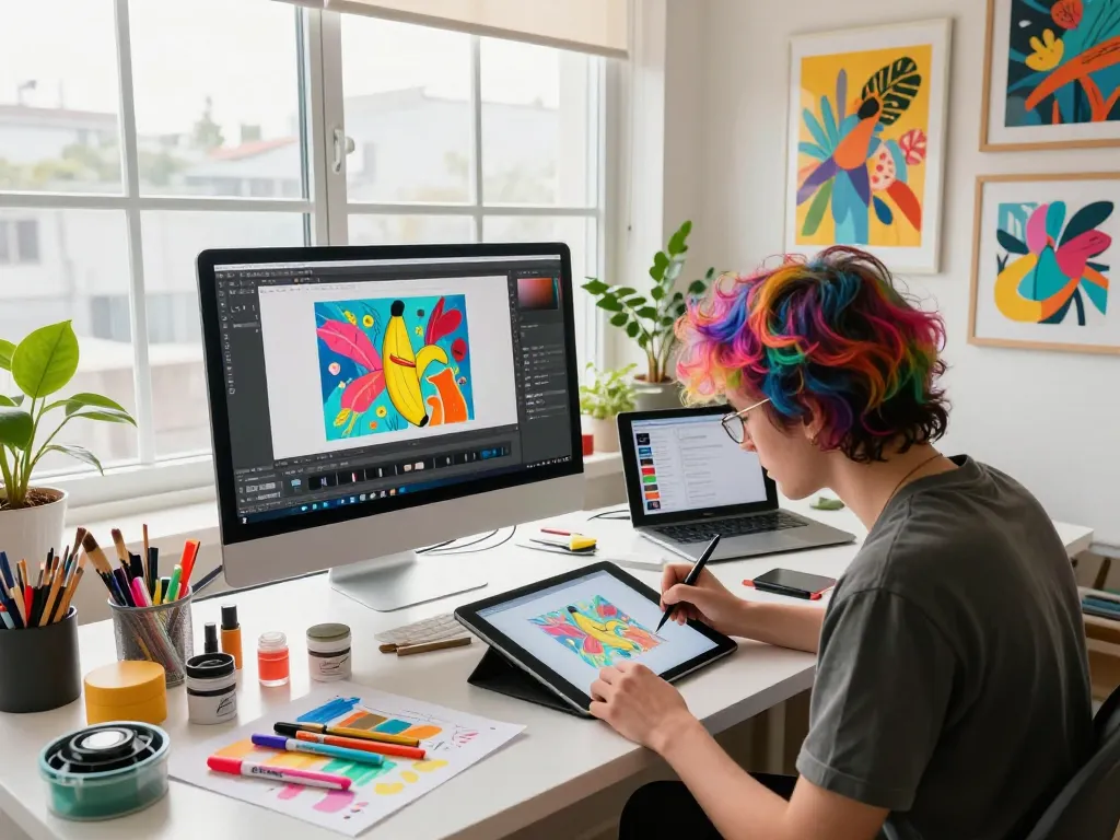 Artist using nano banana 2 to create vibrant digital artworks in a bright design studio.