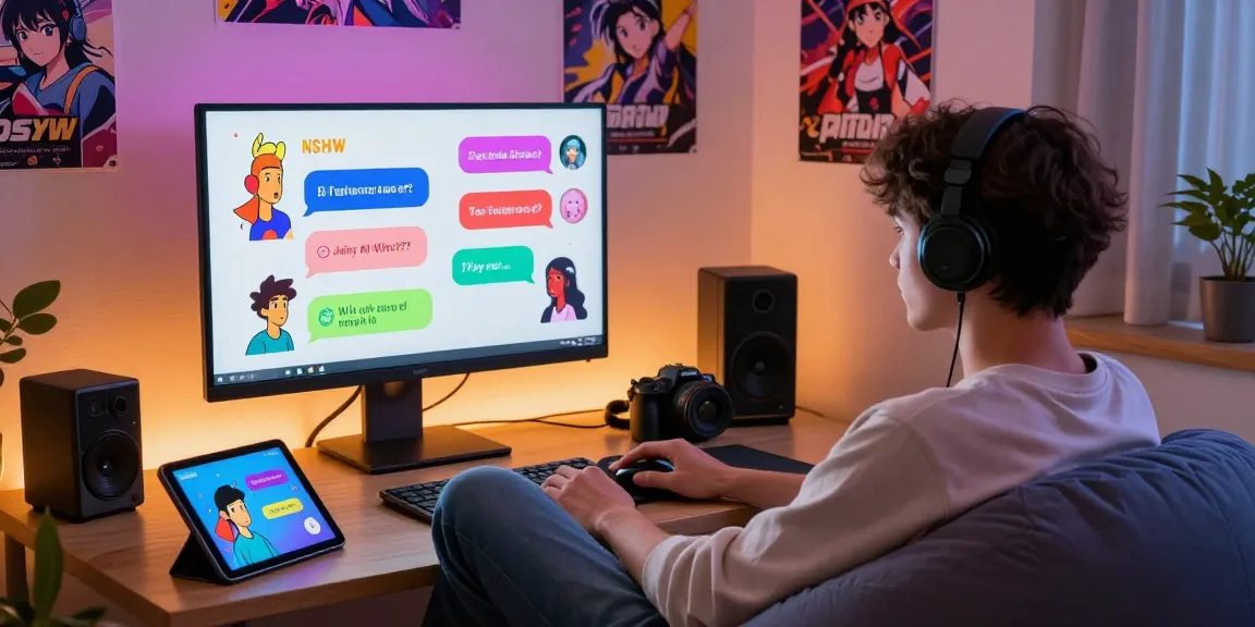 Engaging character AI NSFW chat interaction with vibrant avatars and cozy home setup.