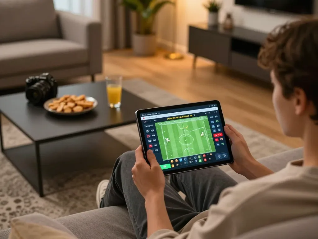 Kết quả bóng đá hôm nay shown on a tablet during online sports betting session in a cozy home environment.