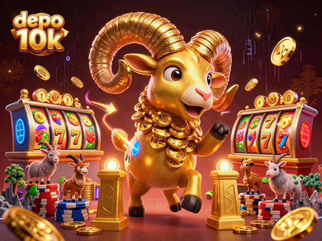 Win big with the depo 10k slot game, featuring a golden ram and vibrant slots.