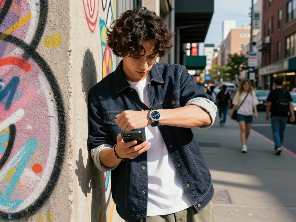 Young fashion enthusiast checks 시계 레플리카 time in stylish urban street setting.