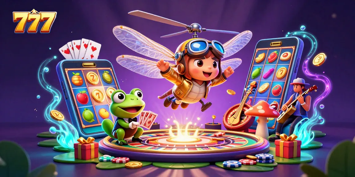 Play exciting 777 slot games with a lively frog dealer, dragonfly pilot, and jazz musicians in a dynamic casino scene.