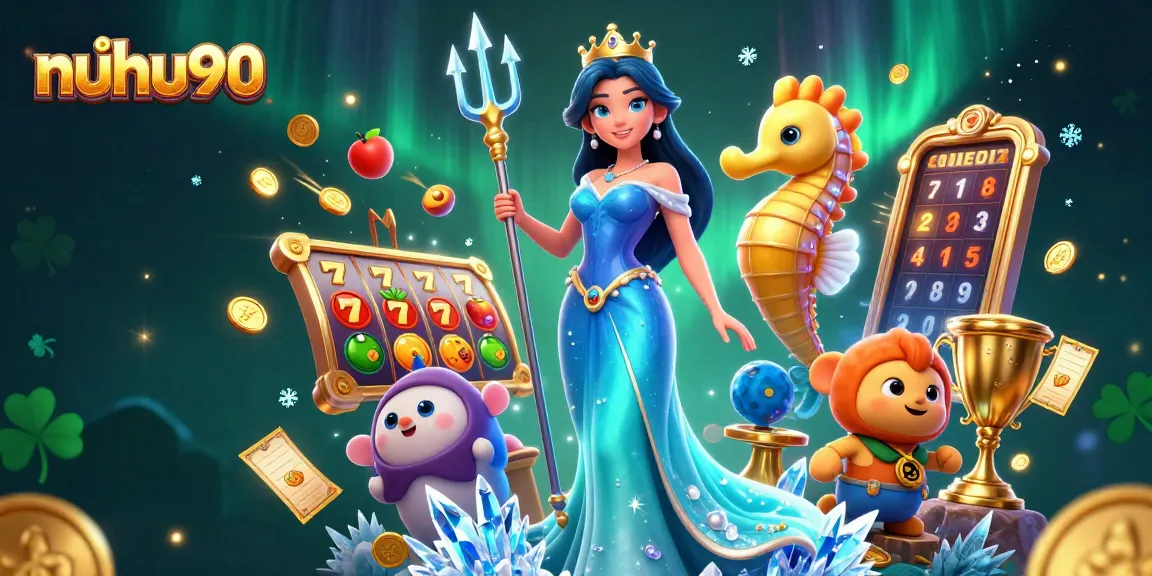 Play thrilling games at nuhu90, featuring stunning characters amidst dynamic slot elements and a sparkling casino environment.