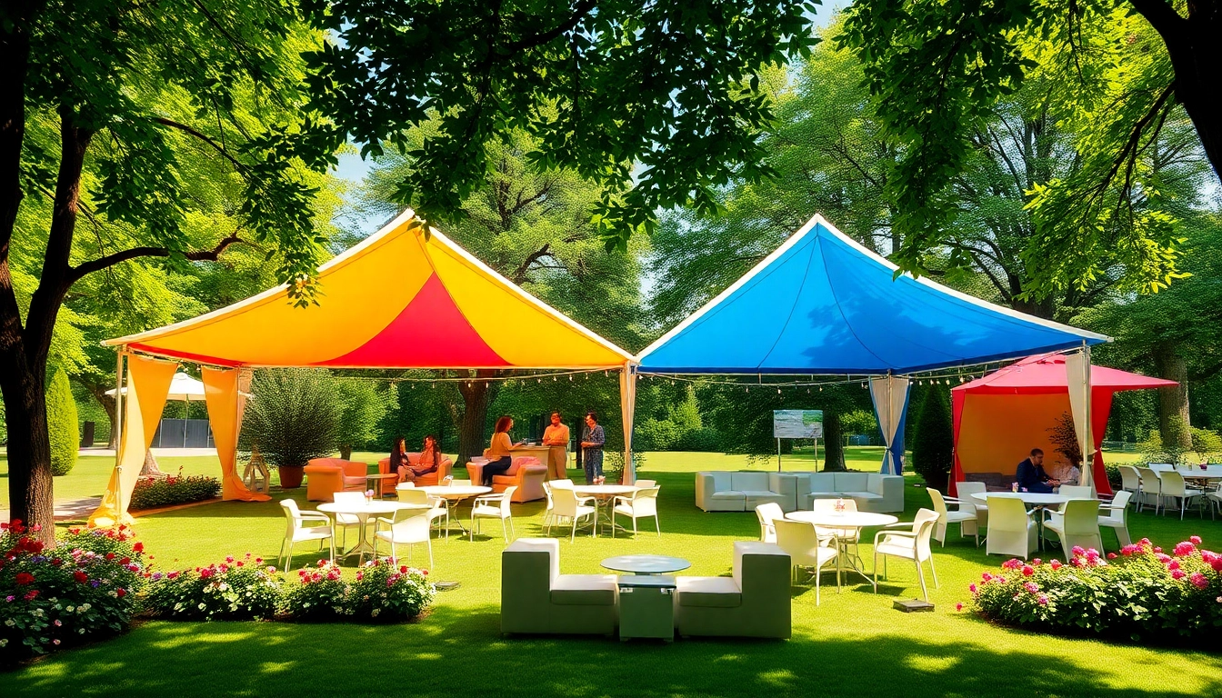 Engaging scene showcasing Tent Rentals in an outdoor park setting, complete with colorful canopies and guests.