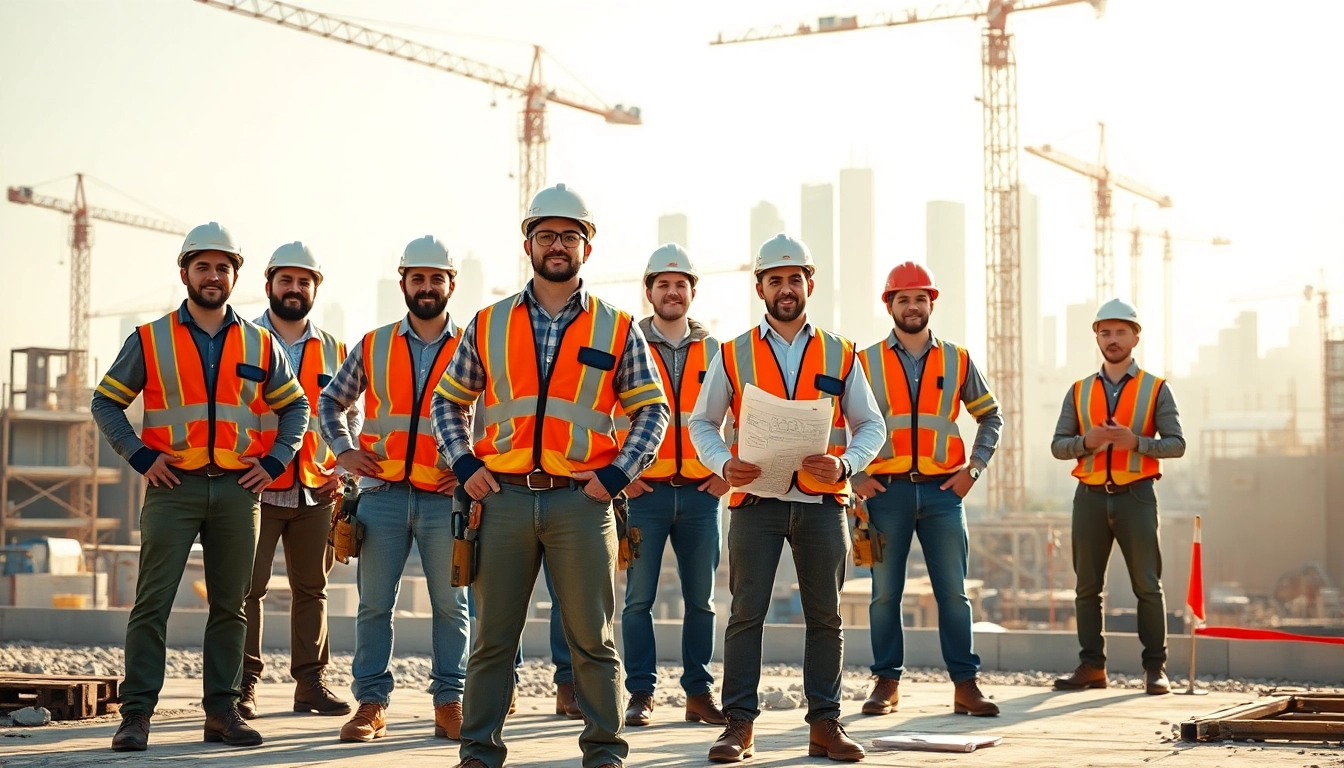 Construction career professionals collaborating on a busy job site with cranes in the background.