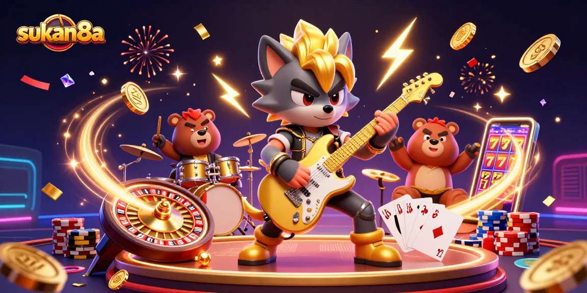 Experience the thrill of sukan8a's dazzling casino atmosphere with vibrant characters and exciting game elements.