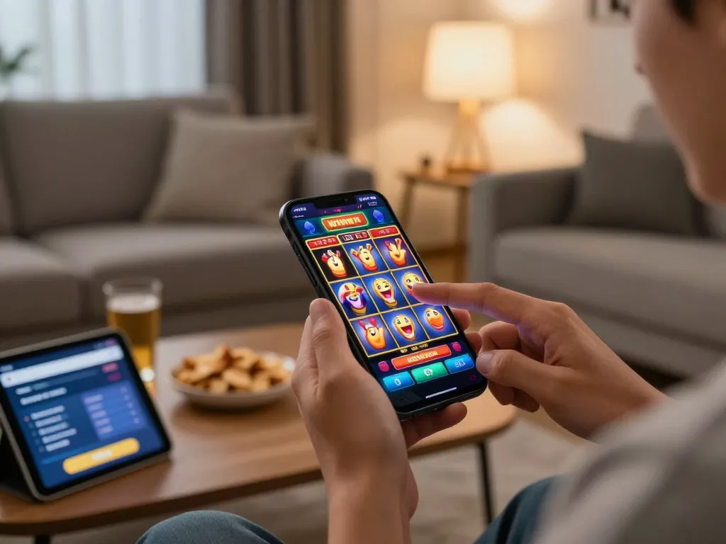 Player winning on slots at home using alexis77 app with smartphone, colorful reels spinning