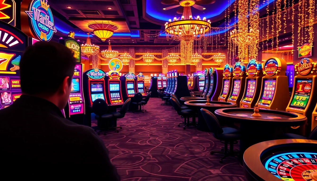 Experience vibrant Non Uk Casino gaming environment featuring excited players and colorful slot machines.