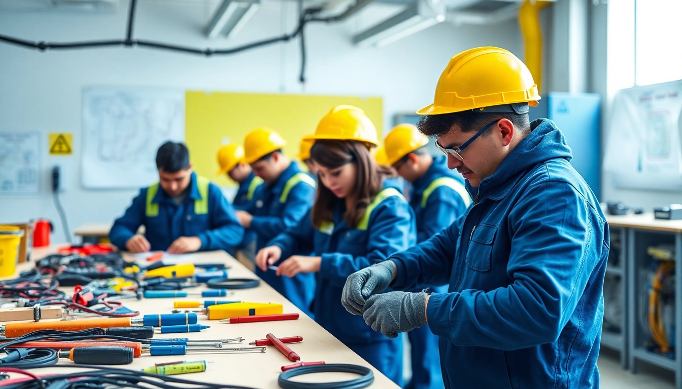 Engaged apprentices practicing electrical apprenticeship skills in a bright training environment.
