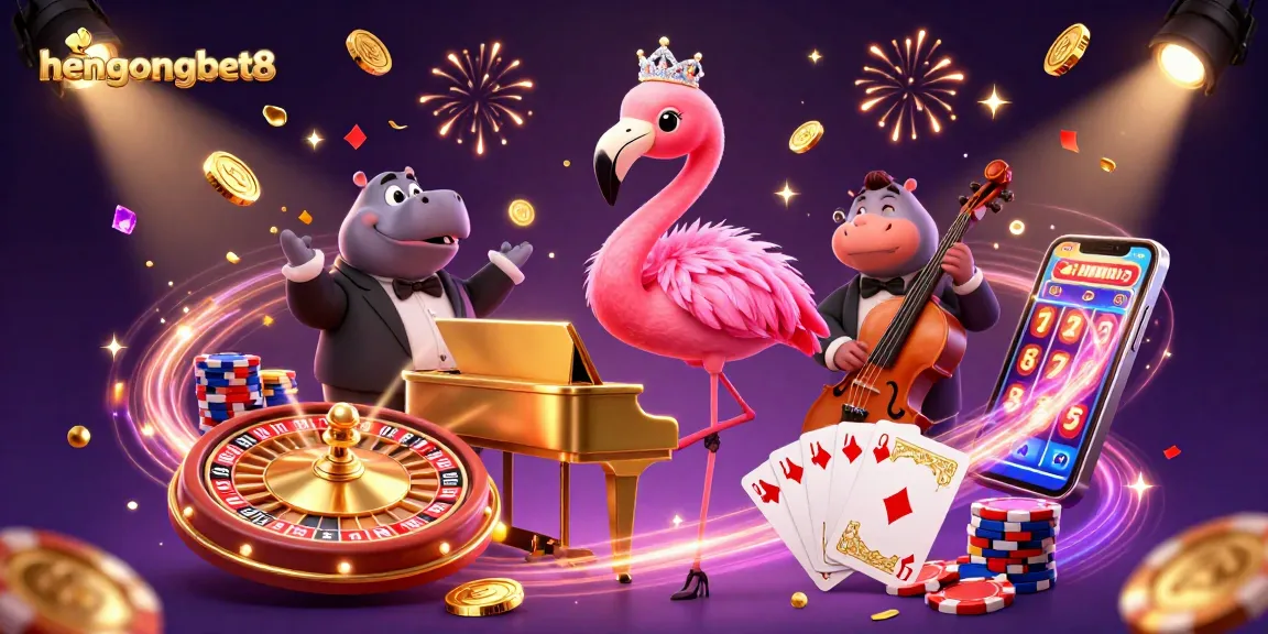 Experience the excitement of hengongbet8 with vibrant casino elements featuring flamingo singer and hippo bassist.