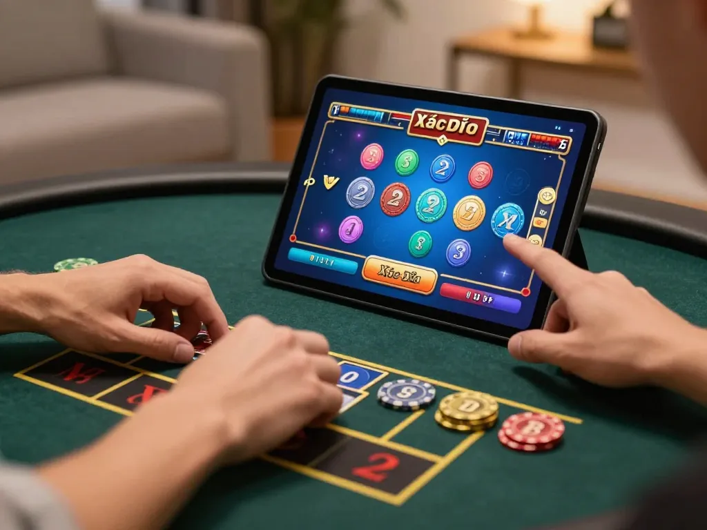 Xóc đĩa action displayed on tablet as a player bets online in a cozy home environment