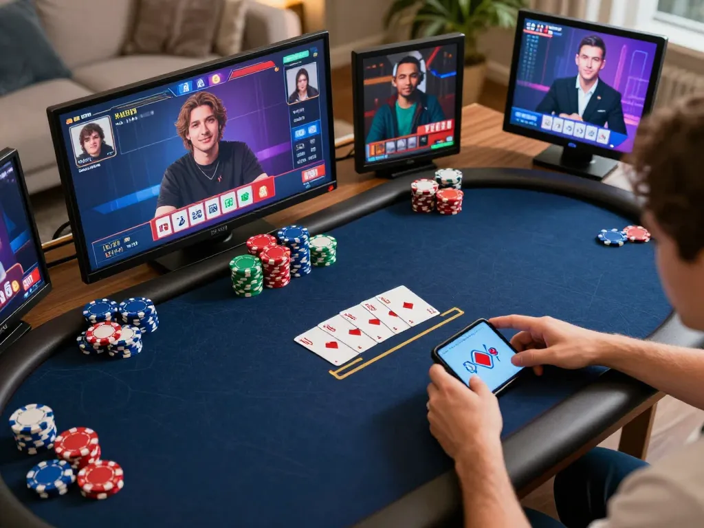 nhà cái 388bet players engaging in an exciting online poker game at home, showcasing digital interfaces and chips
