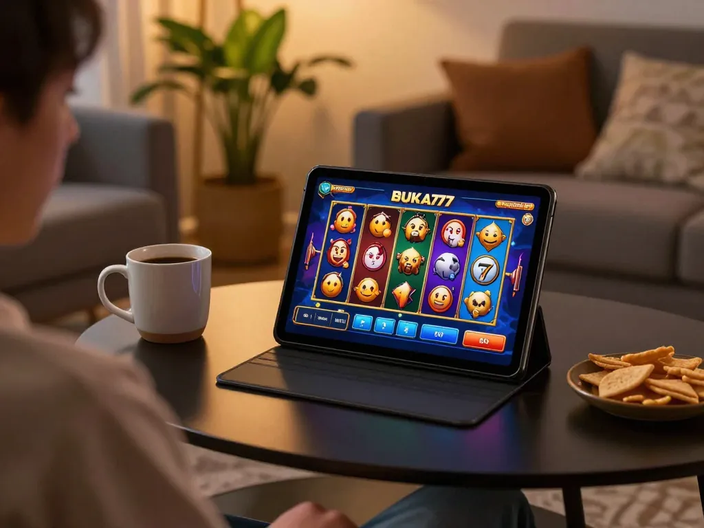Engaging in BUKA77 SLOT on a tablet at home, showcasing an inviting online gaming setup.