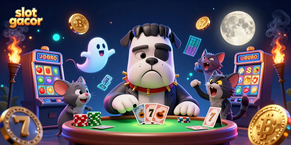 Experience the action of slot gacor with a lively scene featuring a Frankenstein bulldog and magical elements.