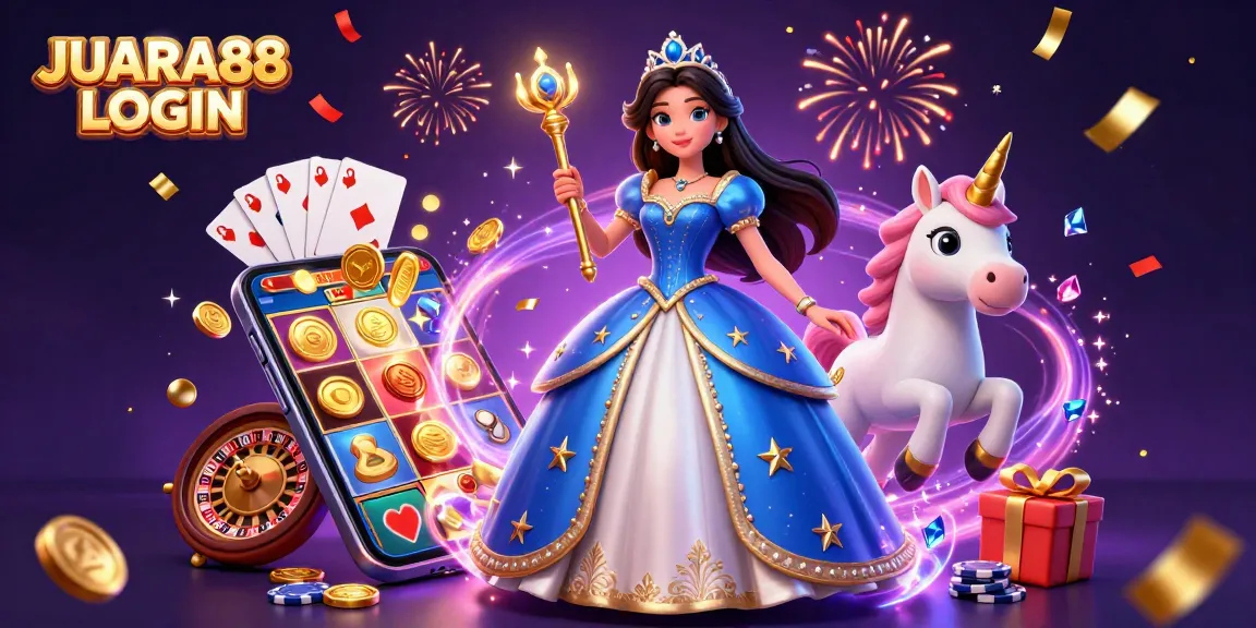 Celebrate gaming with JUARA88 LOGIN in a vibrant 3D casino scene featuring slot games and magical elements.