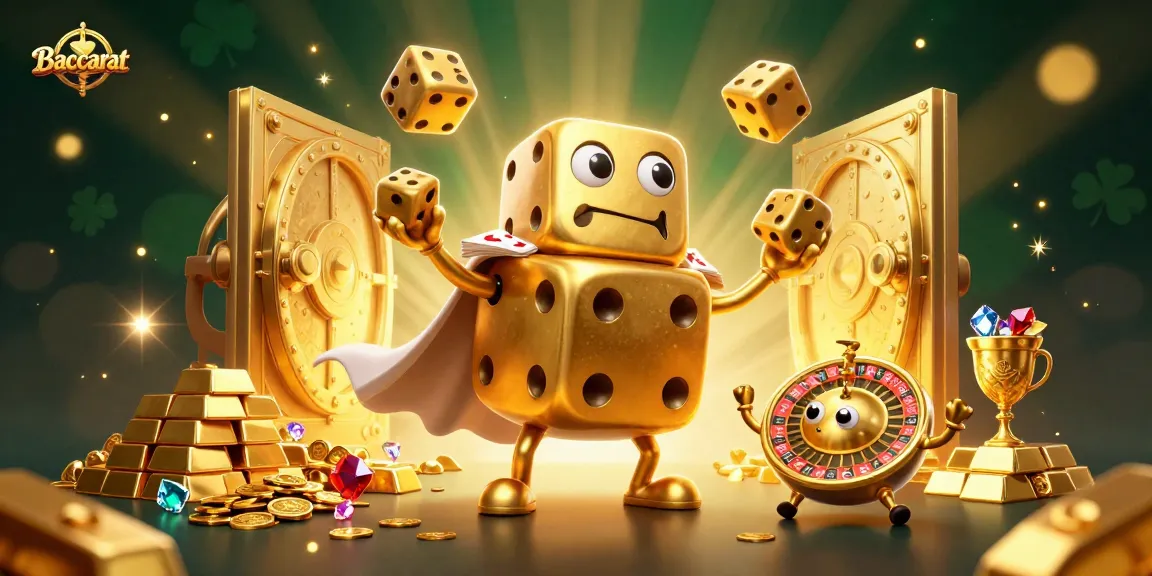 Baccarat game scene featuring a juggling golden dice golem, surrounded by treasures and lights.