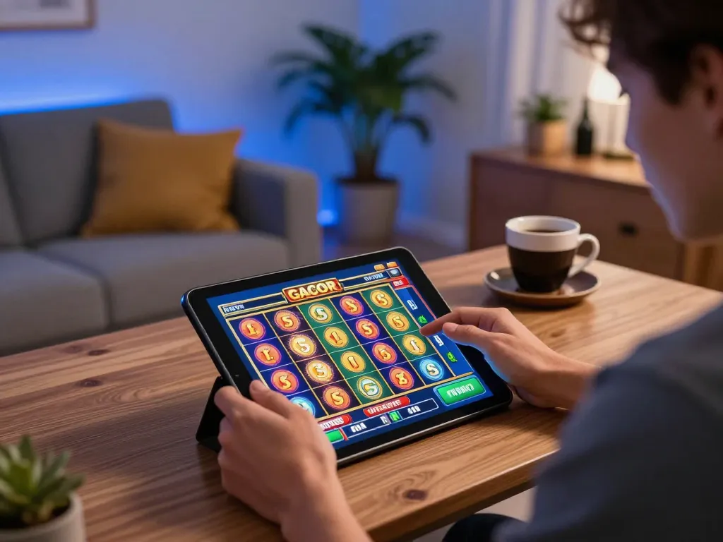 Player engaging with the slot gacor game on tablet, enjoying exciting online casino entertainment.