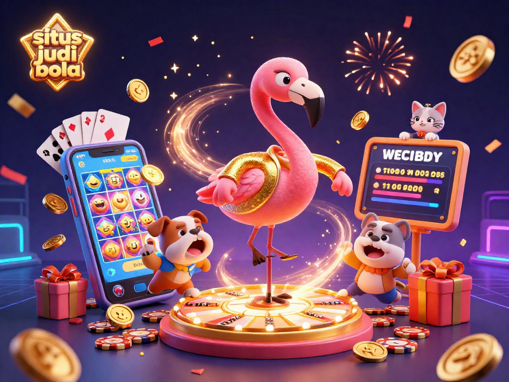 Exciting scene of situs judi bola celebration with colorful slot games, golden prizes, and festive effects.