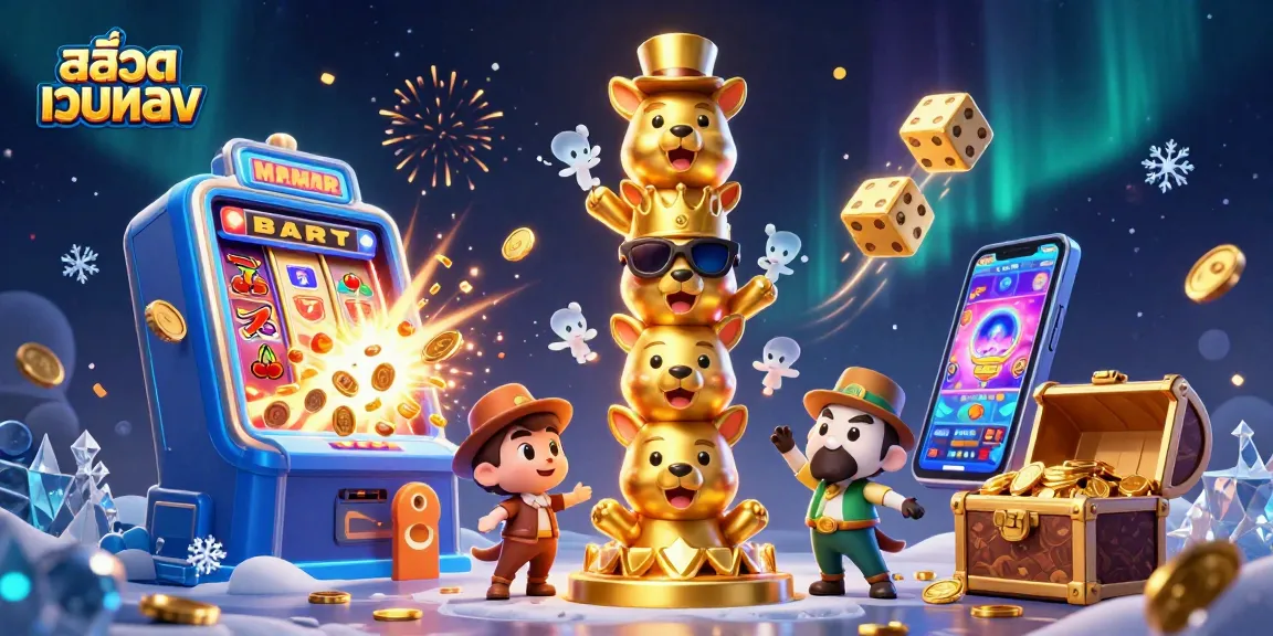 Engage with สล็อตเว็บตรง through a fun, vibrant casino scene full of dynamic 3D elements.