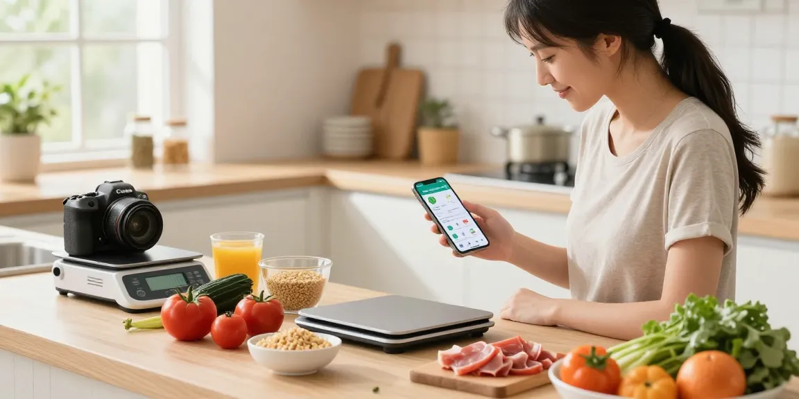 Discovering the best calorie tracker while meal prepping with AI technology in a modern kitchen.
