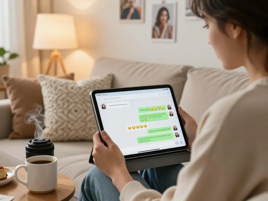 Engaged user chatting with an AI girlfriend on a tablet, showcasing a cozy digital interaction in a warm home environment.