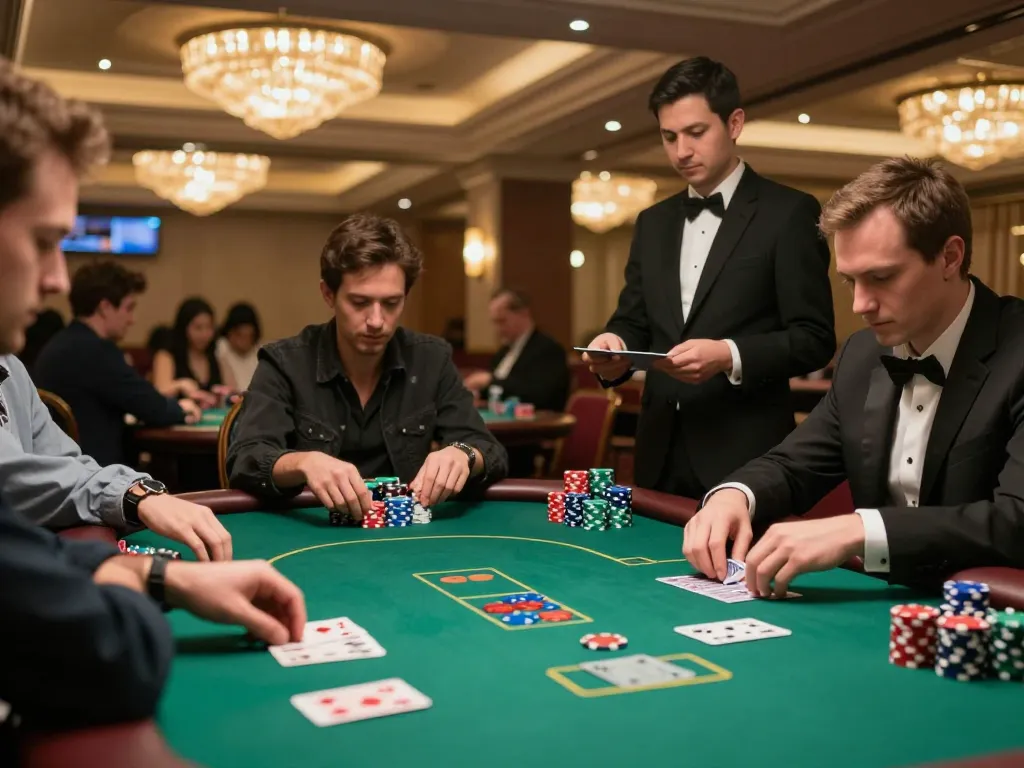 Engaged players at https://n188.build/ competing in a luxurious poker game, card strategies unfolding in a vibrant casino setting.