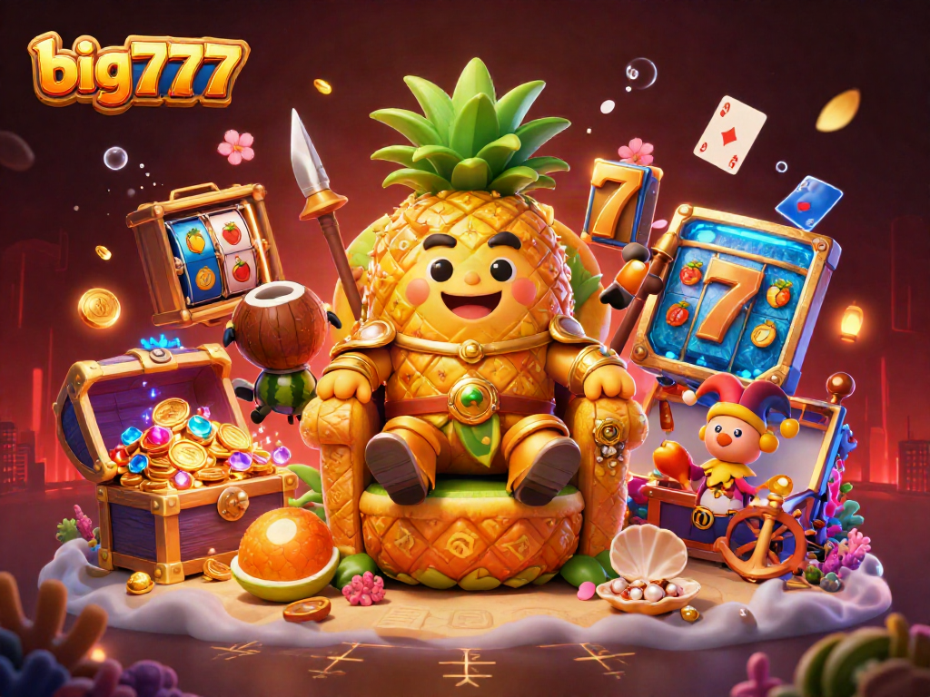 Experience excitement with big777 slots illustrated in a vibrant scene featuring a golden pineapple king.