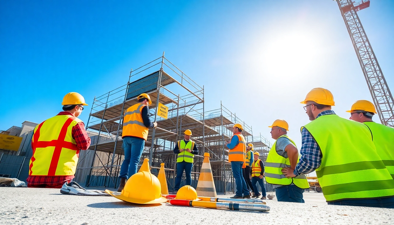 Workers executing essential construction safety programs on-site, showcasing teamwork and safety measures.