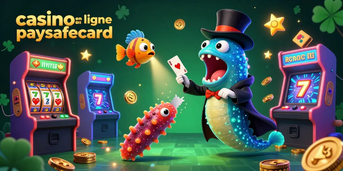 Jouer dans un casino en ligne paysafecard avec un poisson-lanterne et une anguille, entouré de machines à sous colorées.