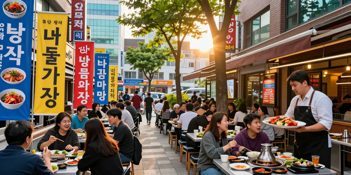 Visitors enjoying traditional dishes at 상봉동 한국관 in a lively urban setting