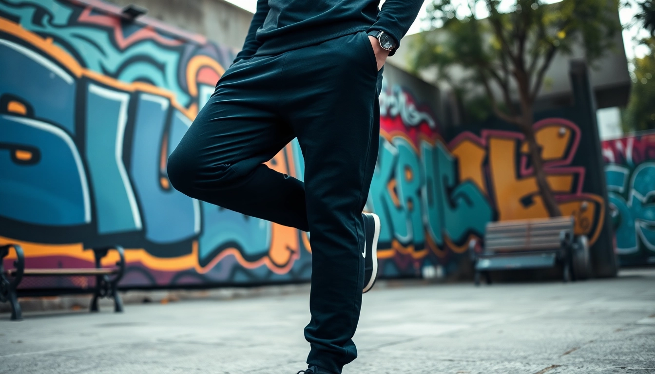 Model showcasing black sweatpants against vibrant city graffiti backdrop, highlighting urban style.