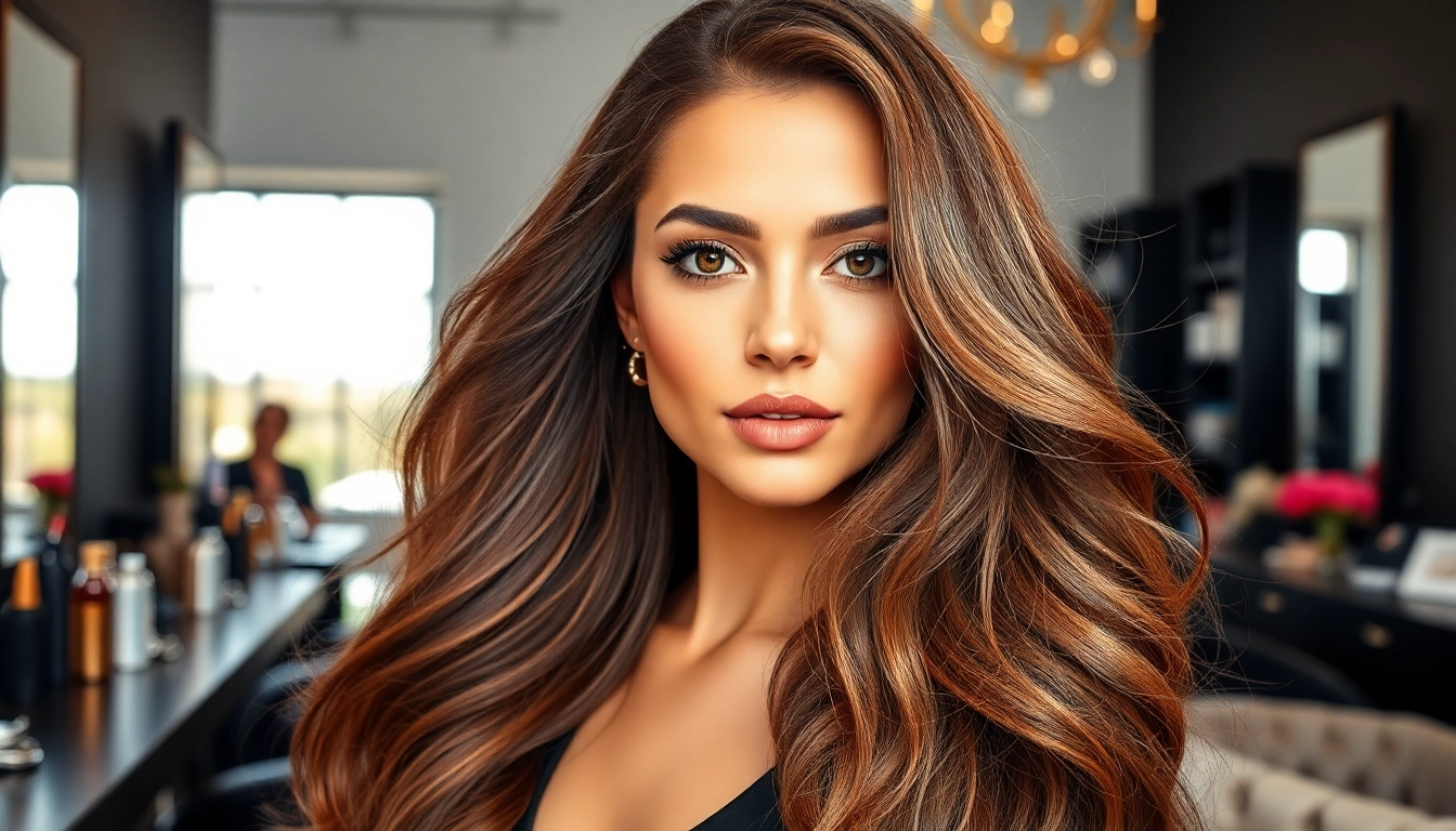 Model flaunting beautiful genius weft hair extensions in a stylish salon.