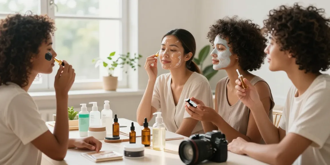 Un grup se bucură de o rutină de îngrijire a pielii, folosind produse skincare care îmbunătățesc frumusețea naturală într-un mediu luminos și primitor.