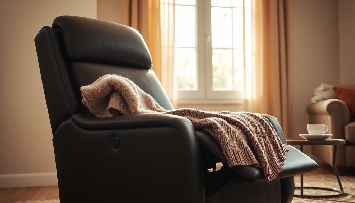 A leather lift recliner with heat and massage in a cozy living room, enhanced by natural light and inviting textures.
