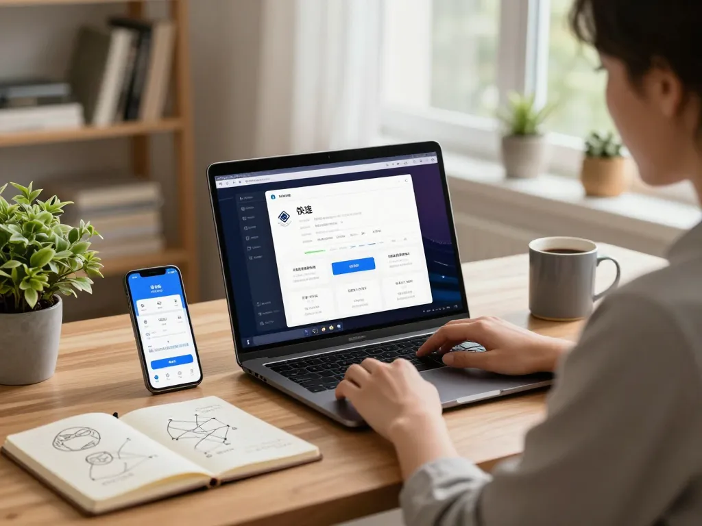 快连 application interface on a modern laptop in a cozy home office, highlighting user productivity and network optimization.