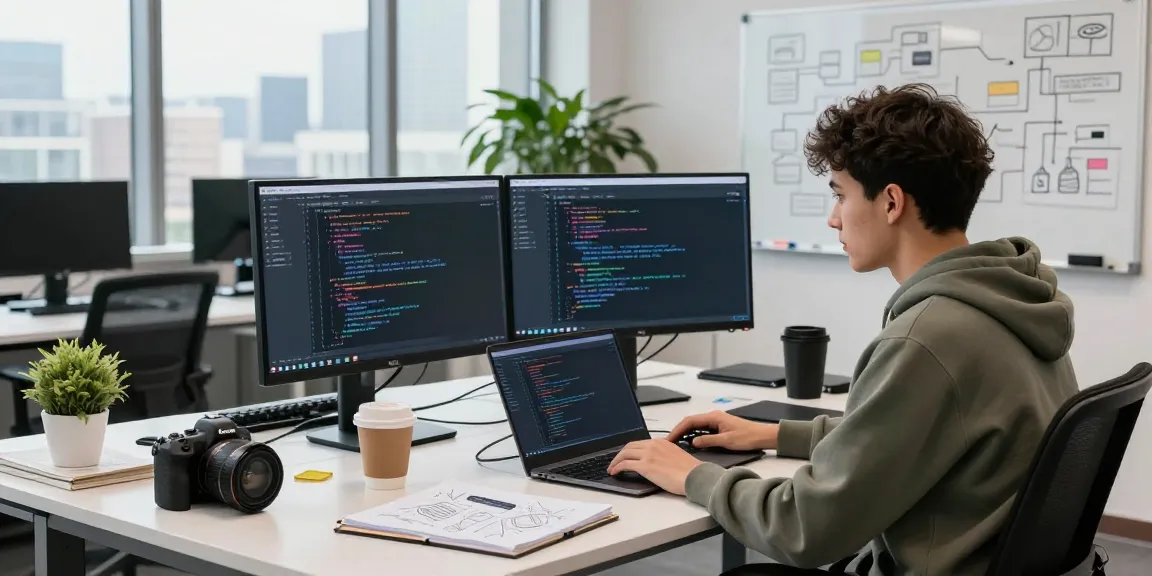 Engaging development workspace showcasing a young developer coding with the 纸飞机中文版 interface, modern setup and collaborative atmosphere.