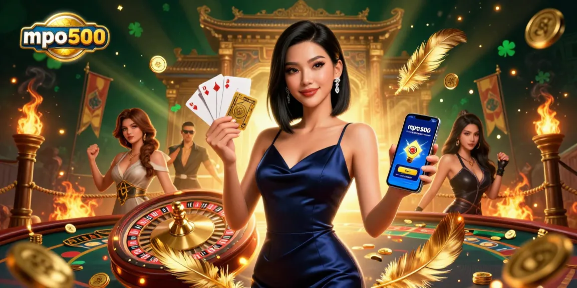 MPO500 casino scene featuring an Asian woman showcasing a casino app, surrounded by dynamic gambling elements.