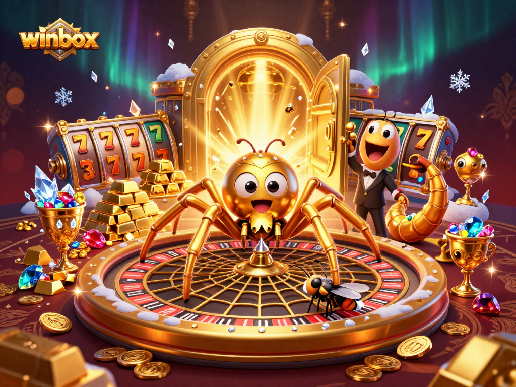 Winbox players spin the roulette web as a golden spider croupier oversees bets in a jewel-filled treasure scene.