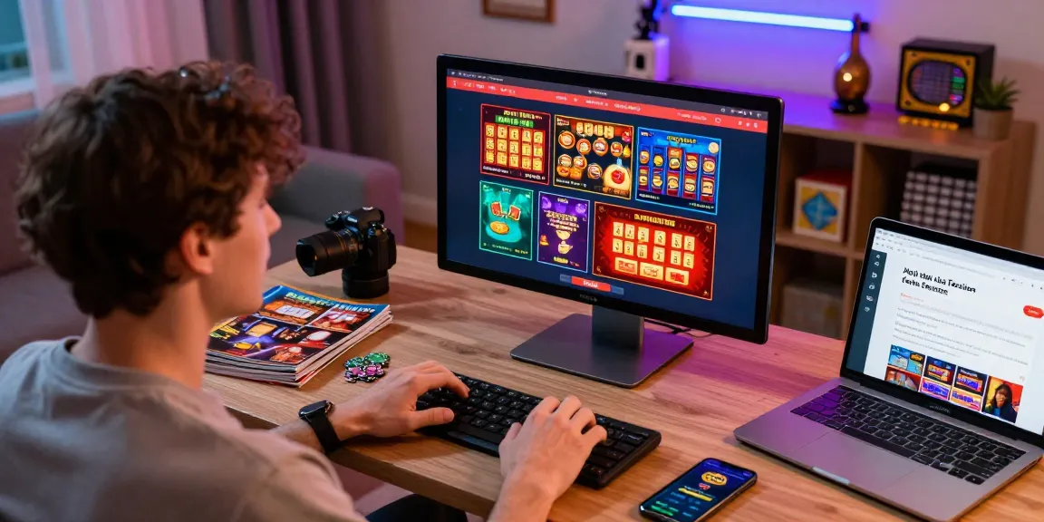 Person enjoying gaming at non UK casinos with vibrant decor and multiple screens displaying various games.