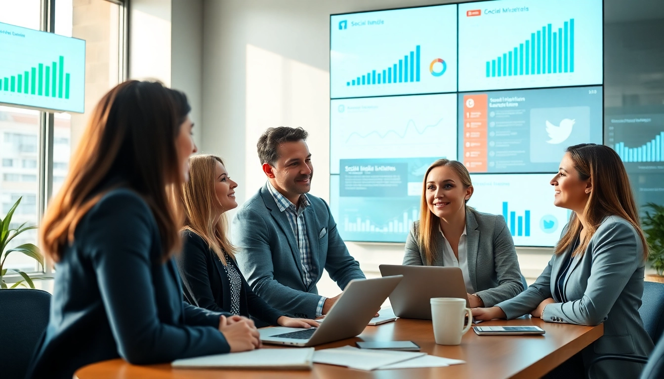 Engaged team of social media marketing companies edmonton in a modern collaborative workspace.