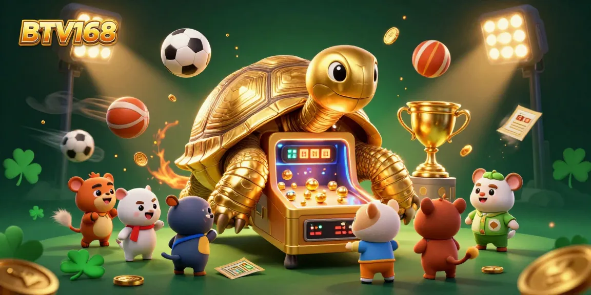 BTV168 showcases a lively scene with a golden tortoise pinball machine, sports elements, and vibrant casino atmosphere.