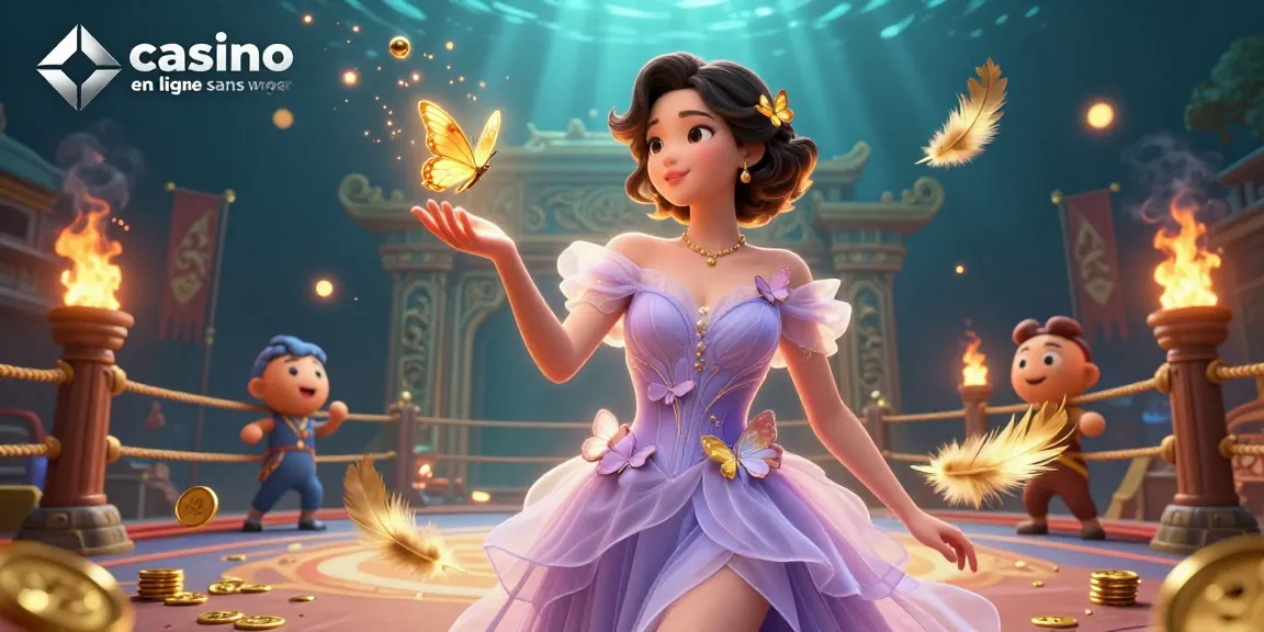 Participez à des jeux passionnants au casino en ligne sans wager, mettant en vedette des papillons dorés et des éléments de casino vibrants.
