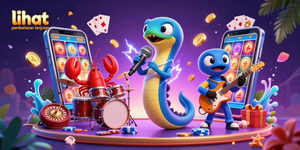 Melihat pembahasan lanjutan slot gacor dengan ilustrasi mobil DJ 3D, drummer lobster, dan gitaris kuda laut.