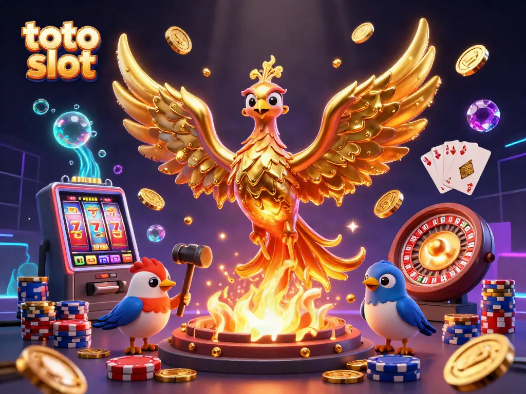 Engage with the thrilling gameplay of toto slot featuring a dynamic scene with a golden phoenix, coins, and slot machine.