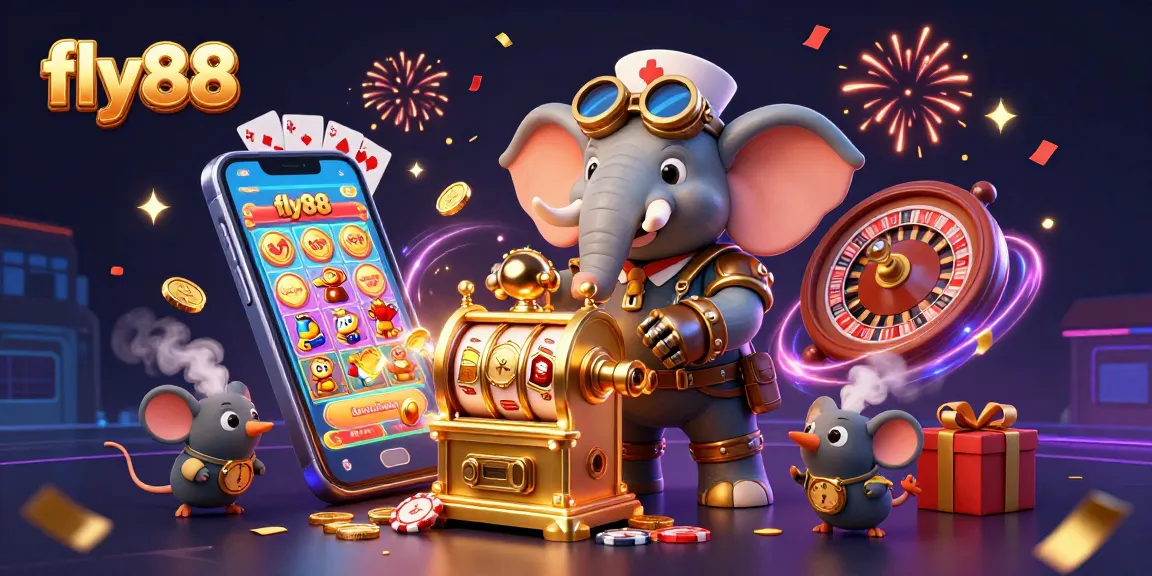 Experience thrilling slot excitement with fly88, featuring a steampunk elephant and vibrant game elements.