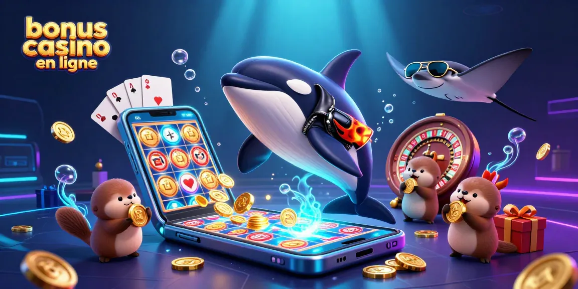 Visualisez le potentiel des bonus casino en ligne avec des animaux marins illustratifs et une scène vibrante.