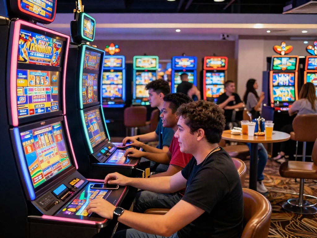 Exciting casino scene with friends playing slot luar negeri games, colorful machines and vibrant atmosphere.