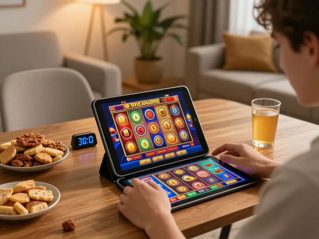 Enjoy engaging slot games at 92slot in a cozy home setup with snacks and a warm ambiance.