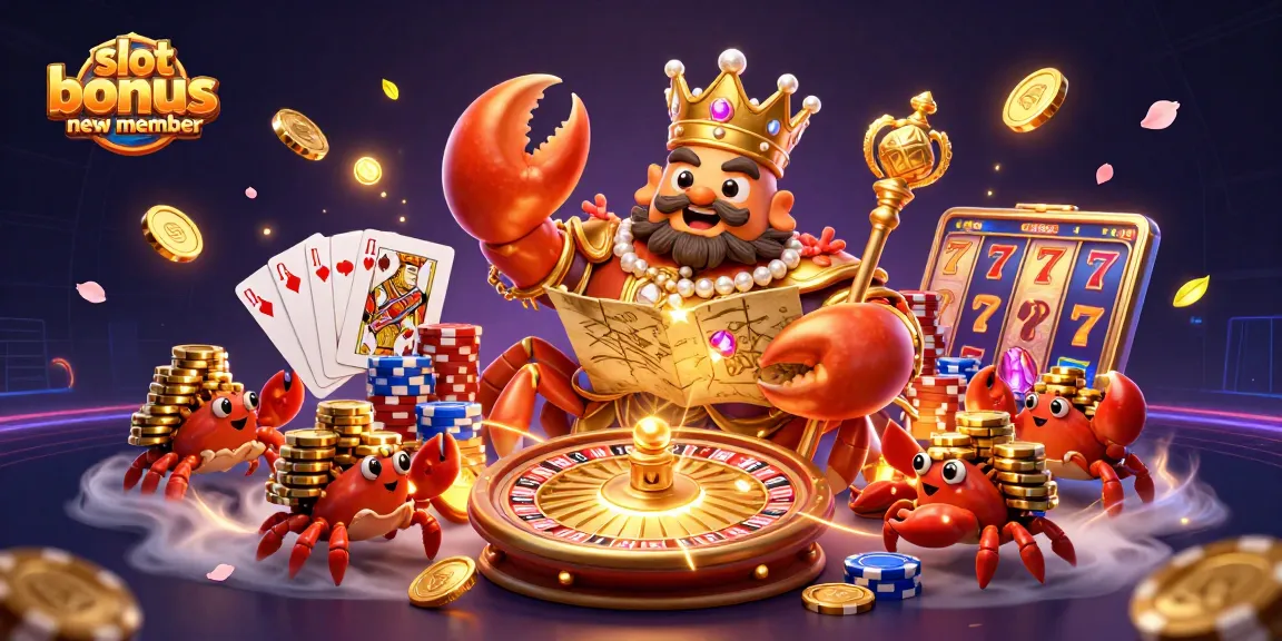 Join the excitement of slot bonus new member with a golden crab emperor surrounded by casino treasures and vibrant game symbols.