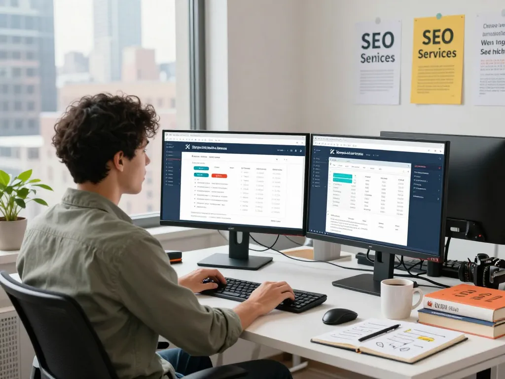 SEO expert analyzing metrics in a vibrant NYC office highlighting New York SEO Services
